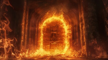 A glowing, fiery furnace with flames roaring inside