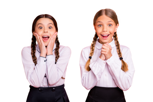 Close-up portrait of nice attractive lovely winsome charming sweet cheerful cheery positive astonished amazed pre-teen girls isolated over bright vivid shine orange background