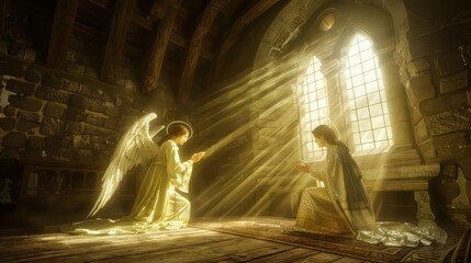 The angel Gabriel appearing to Mary, delivering the news of her divine pregnancy