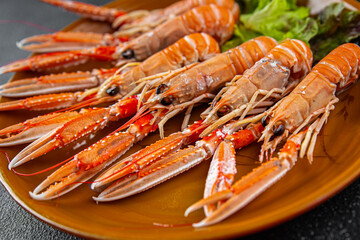 langoustine seafood shrimp prawns fresh meal food snack on the table copy space food background rustic top view