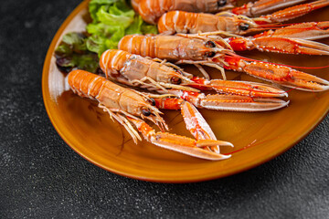 langoustine seafood shrimp prawns fresh meal food snack on the table copy space food background rustic top view