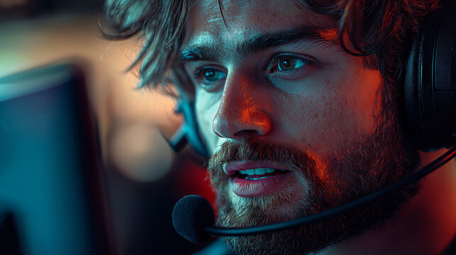 Close-up of a gamer’s intense expression, wearing a headset and looking at the screen, with a slight smile as they communicate with teammates, with copy space