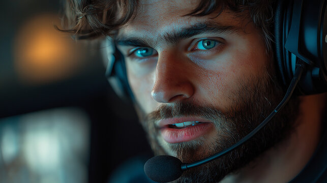 Close-up of a gamer’s intense expression, wearing a headset and looking at the screen, with a slight smile as they communicate with teammates, with copy space - Powered by Adobe