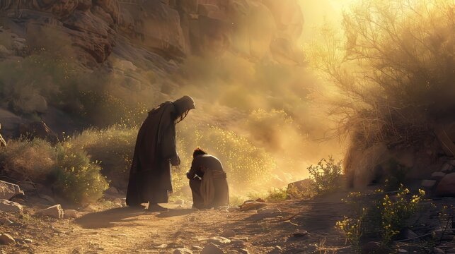 The Good Samaritan helping the injured traveler by the roadside