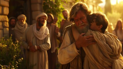 The prodigal son, being embraced by his joyful father
