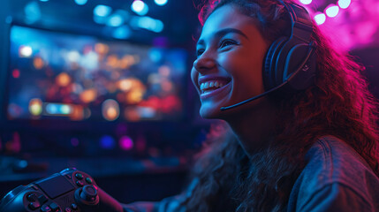 A gamer with headset and controller, captured mid-laugh, enjoying a lighthearted moment during gameplay, with the screen in the background showing action, with copy space