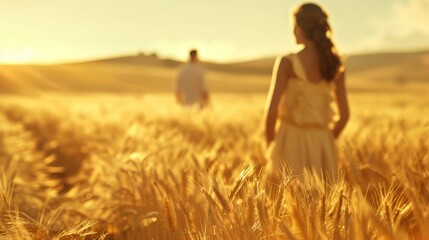 Ruth gleaning in the fields, with Boaz watching her with kind eyes from a distance