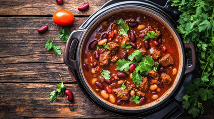  rustic pot of hearty meat chili with beans and fresh herbs