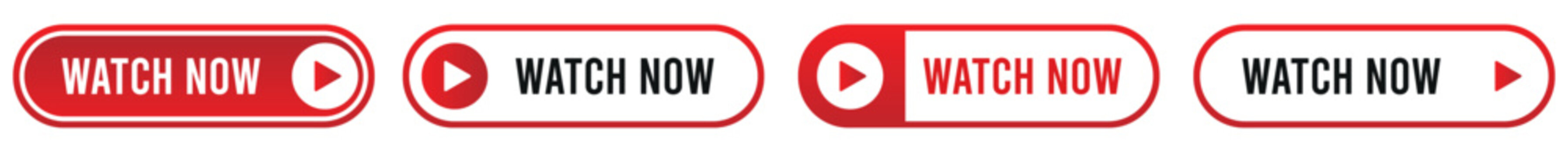 Watch now buttons set. Video play button collection. Watch now button for web site. UI element. Vector illustration.