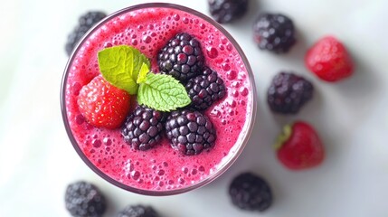 A refreshing berry smoothie in a glass, topped with fresh berries and a sprig of mint, on a white background.