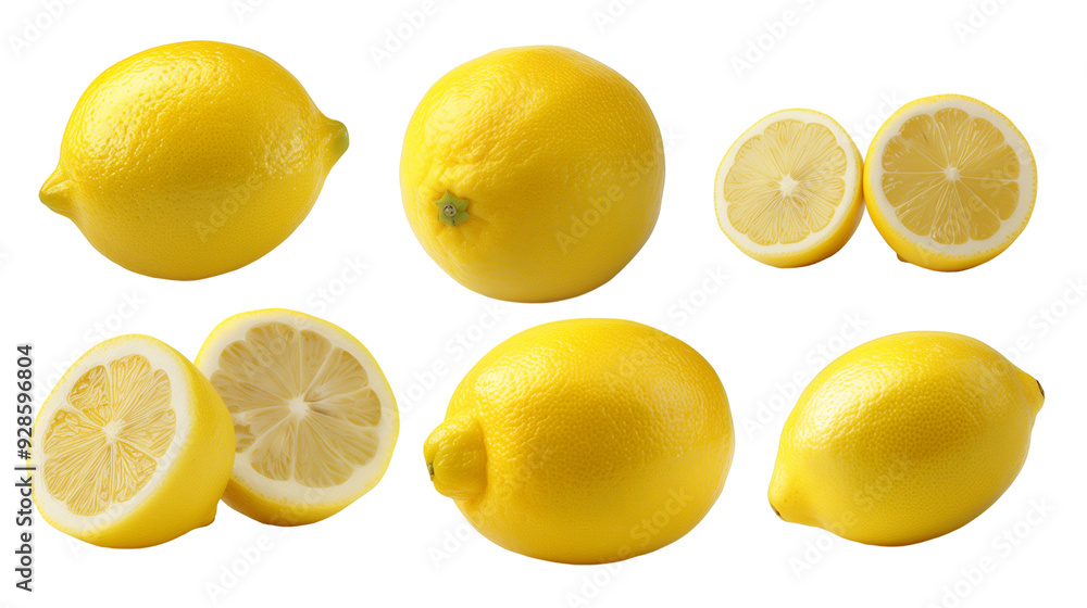 Wall mural real fresh lemon isolated on transparent background in various angles and positions