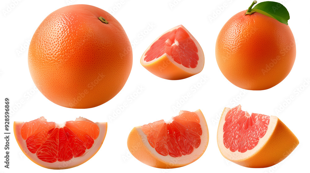 Wall mural real fresh grapefruit isolated on transparent background in various angles and positions