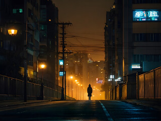 Fototapeta premium silhouette of a person walking in the street,person walking under rain,silhouette of a person in a tunnel