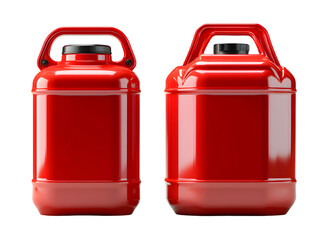 A pair of vibrant red plastic containers featuring secure handles, ideal for fuel storage or industrial use.