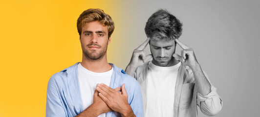 A young man displays contrasting emotions against bright and muted backgrounds. On one side, he appears calm and reflective with a gentle smile while on the other, he seems troubled