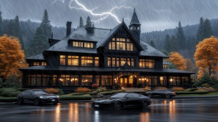 A dark, haunted mansion stands tall as lightning strikes, surrounded by a rainy atmosphere and autumn trees, creating an eerie and captivating fantasy setting