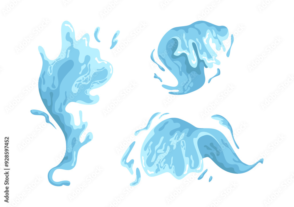 Poster water splashes and wave with drops. vector liquid spattering fluids with droplets, isolated flows of