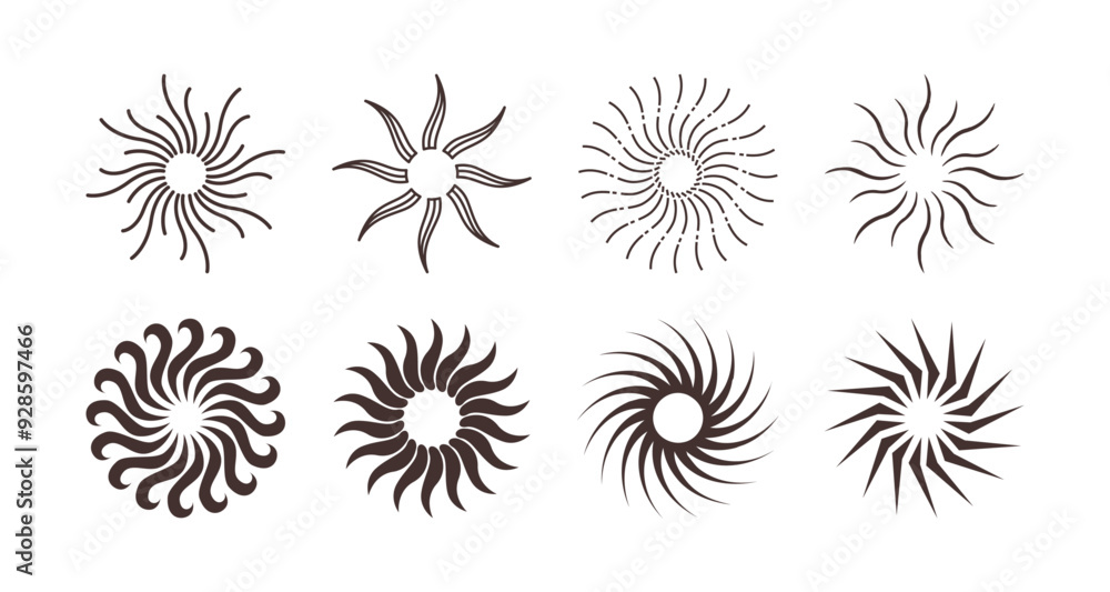 Poster sun icons set or isolated central star in solar system with wavy rays flare. vector sphere of fire w