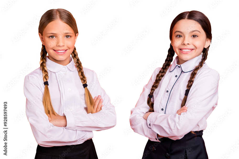 Poster portrait of nice attractive lovely charming confident cheerful cheery positive pre-teen girls folded