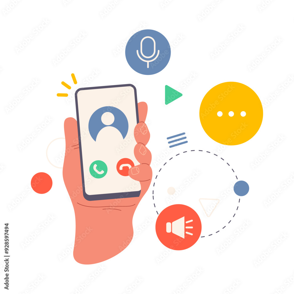 Poster smartphone display with contact number calling and buttons to answer or reject, flat cartoon vector 