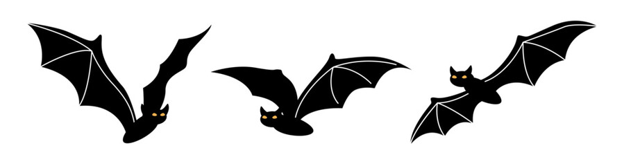 Profile view of flying bats with long wings. Vector isolated set of Halloween personages, characters or animals for decoration of mysterious and scary postcards or invitation cards for holiday