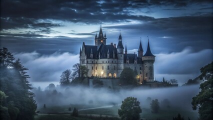 Obraz premium A majestic stone castle sits on a hill shrouded in mist at dusk.