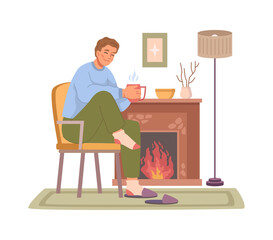 Man in warm cloth drinking coffee at fireplace, flat cartoon character has rest at home in winter. Person resting on chair with hot drink. Vector man near fire in room, lamp and carpet