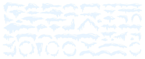 Piles of snow in winter, isolated set of cartoon snowcaps for roof and bushes. Vector snowy cover for tree branch, masses with ice and icicles. Christmas decor elements with frozen texture © Sensvector