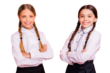 Portrait of nice attractive lovely charming confident cheerful cheery positive pre-teen girls folded arms isolated over bright vivid shine orange background