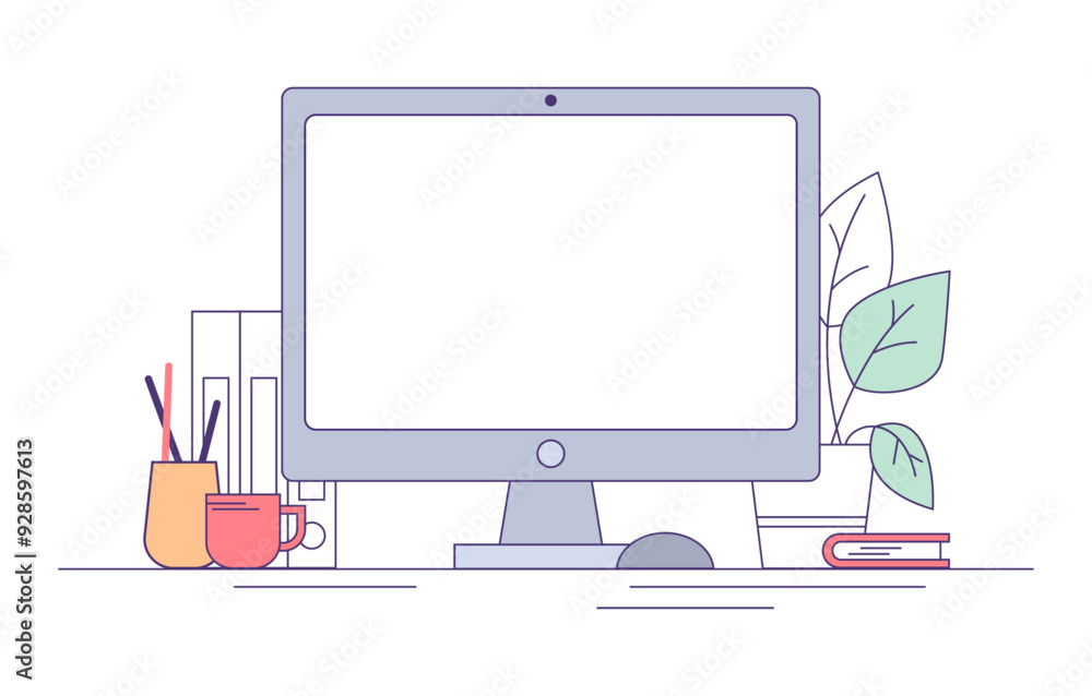Poster empty computer screen with copy space. vector flat line pc, workplace with houseplant and stationery