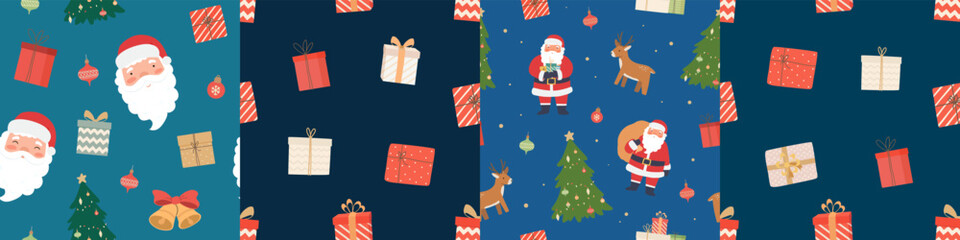 Fototapeta premium Set of Christmas seamless pattern with Santa Claus, Xmas tree, gifts. Happy New Year decoration. Vector illustration.