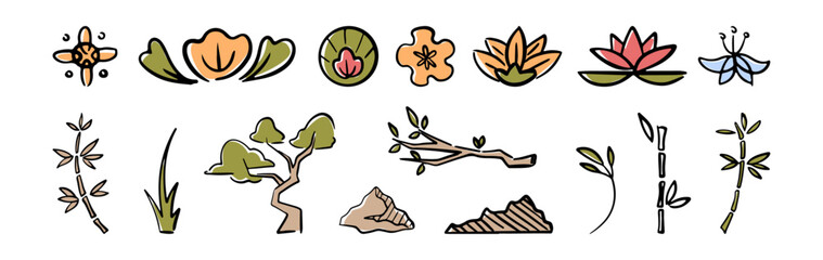Chinese style doodles of nature, flowers and trees. Vector isolated flat cartoon lotus and bamboo, mountains and bonsai accessory. Traditional asian and oriental decorative elements and ornaments