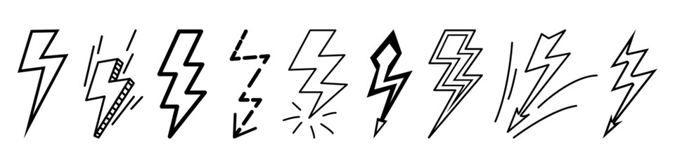 Thunderstroke collection, isolated set of electrical discharge. Vector thunderbolt icons in doodle style, hand drawn scribble flash of lightning outlines. Burst of light, energy bolt symbols