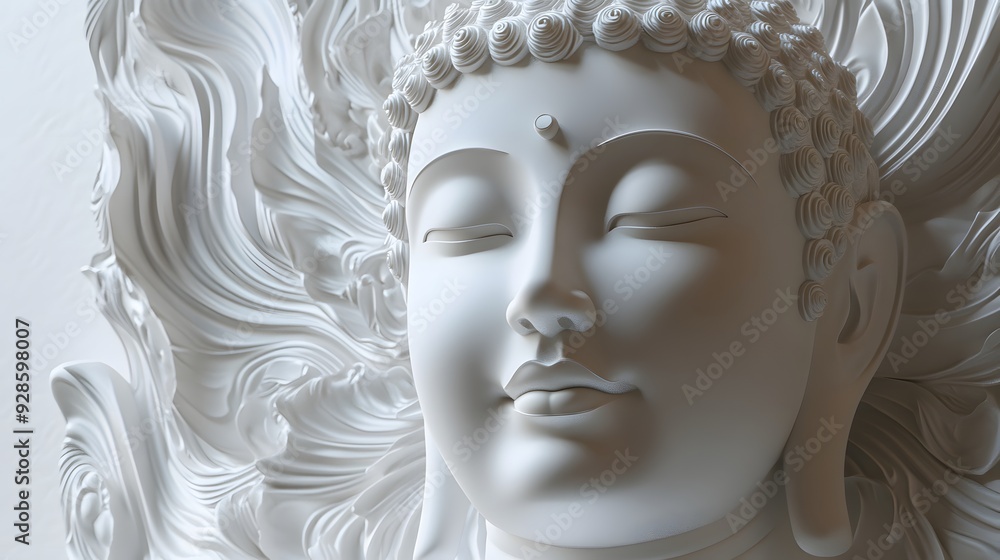 Poster 23. modern 3d buddha with an intricate, high-tech design and smooth textures, floating against a pri