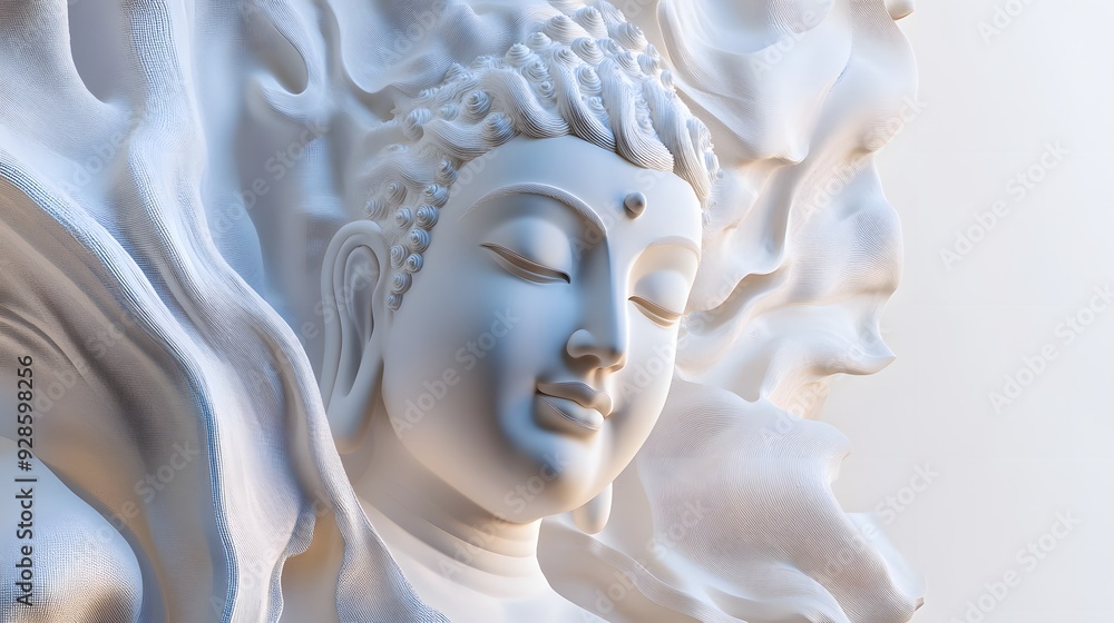 Poster 23. modern 3d buddha with an intricate, high-tech design and smooth textures, floating against a pri