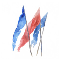 Watercolor Painting of American Flags Waving in the Wind