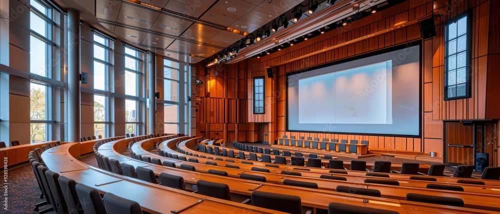 Wall mural futuristic auditorium with interactive stage systems and 8k uhd projectors for advanced presentation