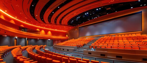 Futuristic Auditorium with Interactive Stage Systems and Projectors for Cutting-Edge Presentations