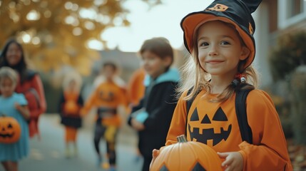 A group of children dressed in Halloween costumes, trick-or-treating from door to door in a friendly neighborhood.