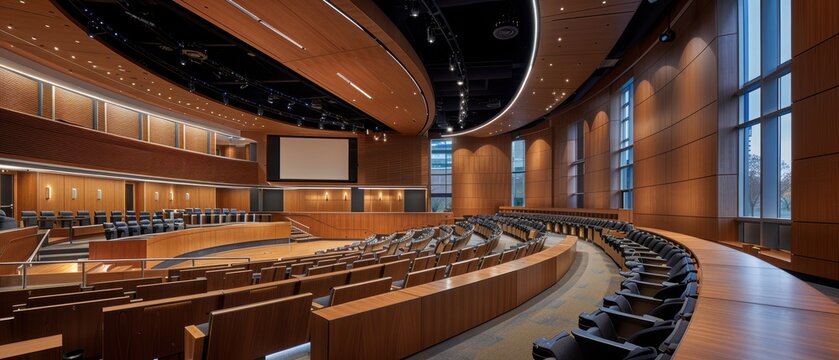 Futuristic Auditorium with Interactive Stage Systems and Projectors for Advanced Presentations