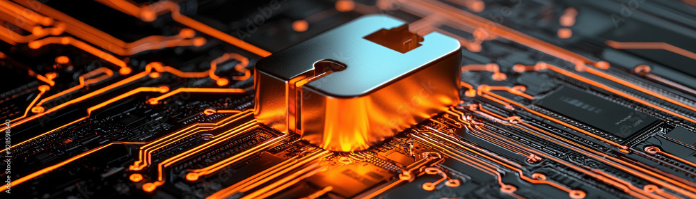 Poster close-up of a futuristic circuit board with glowing orange pathways and a raised metallic component 