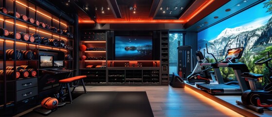Futuristic Home Gym with Smart Fitness Equipment and Displays for High-Tech Workouts