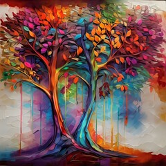 elegant colorful tree with vibrant leaves hanging branches bright color 3d abstraction wallpaper for interior mural painting wall generative ai