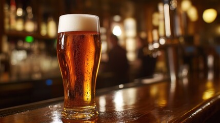 A tall glass of cold beer with a frothy head, placed on a wooden bar counter with blurred patrons in the background.