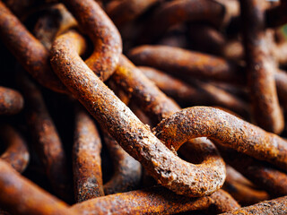 Backgrounds and textures: links of very old weathered rusty chain, close up shot, industrial abstract rusty chain, macro
