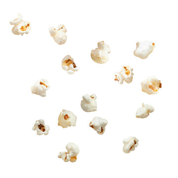 Flying or falling pieces of popcorn on a white or transparent background.
