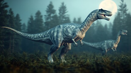 Corythosaurus calling out in a moonlit clearing, CGI dinosaurs, nocturnal dino scene