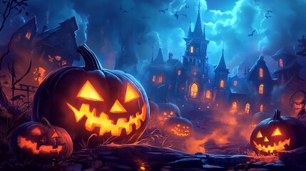 Naklejka premium A spooky Halloween scene with a creepy house and glowing jack-o'-lanterns.