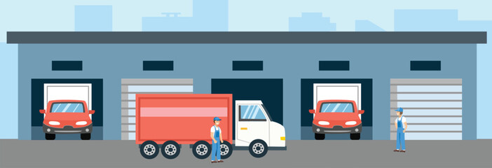 Truck garage vector illustration. Delivery truck illustration. Truck parking in garage. Storehouse transportation. Warehouse truck delivery. Warehouse transportation.