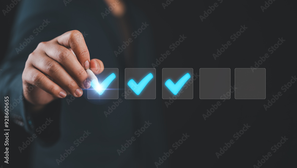 Poster inspector makes mark on the survey topic, checklist with checkmarks and checkboxes, checklist ideas,